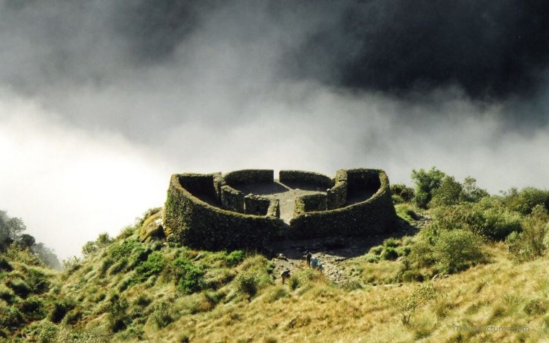 Inca trail stone structure fog